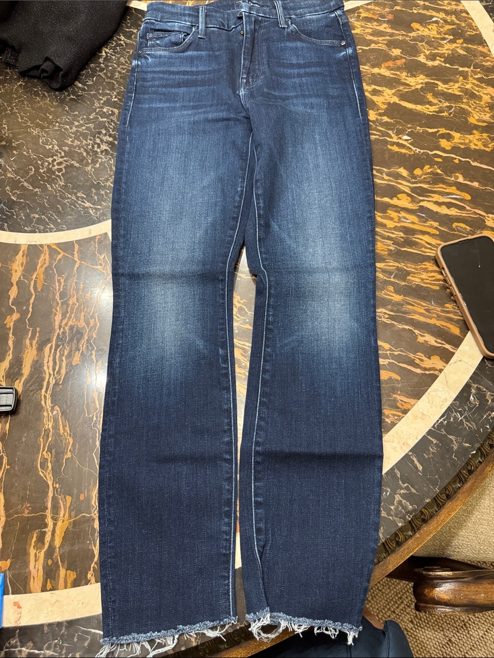 MOTHER Dark Indigo Straight-Leg Jeans with Raw Fringe Hem
